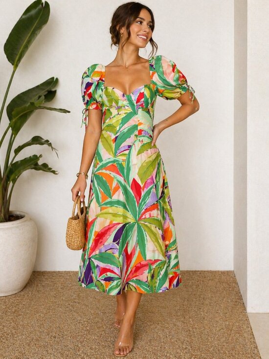 Charles Henry Dresses & Skirts - Charles Henry Tropical Puff Sleeve Midi Dress Size M NWT